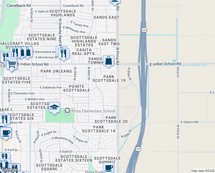 map of restaurants, bars, coffee shops, grocery stores, and more near 8744 East Clarendon Avenue in Scottsdale