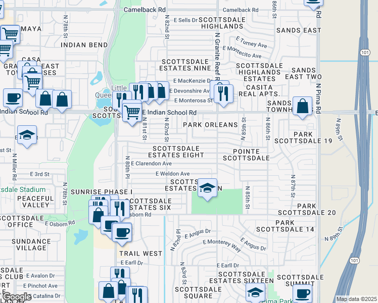 map of restaurants, bars, coffee shops, grocery stores, and more near 8238 East Indianola Avenue in Scottsdale
