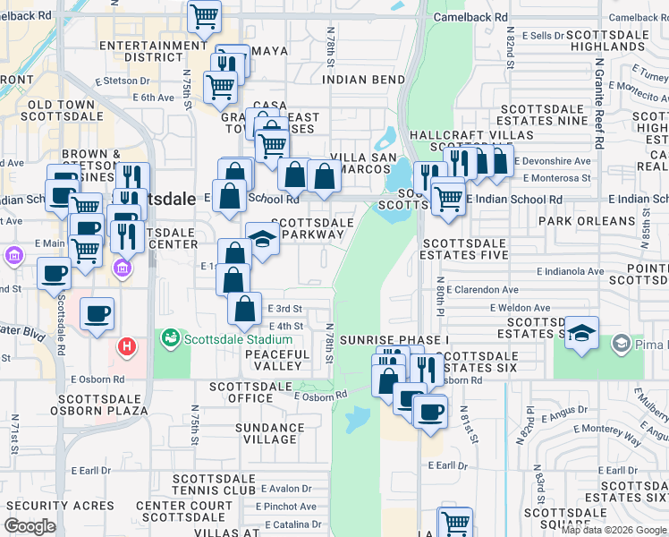map of restaurants, bars, coffee shops, grocery stores, and more near 7777 East Main Street in Scottsdale