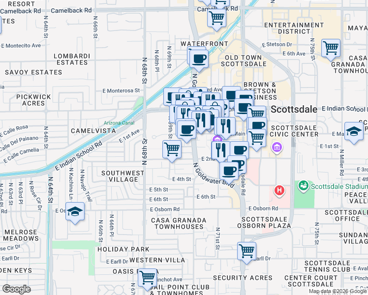 map of restaurants, bars, coffee shops, grocery stores, and more near 6921 East 1st Street in Scottsdale