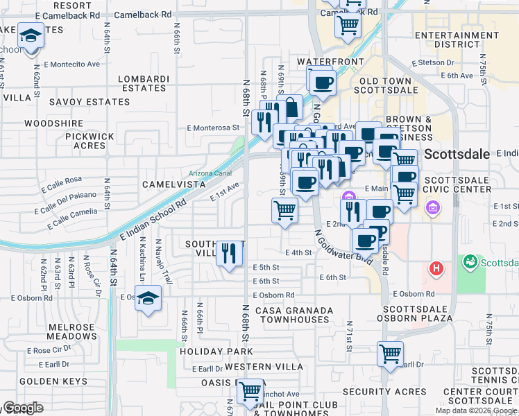 map of restaurants, bars, coffee shops, grocery stores, and more near 6804 East 2nd Street in Scottsdale
