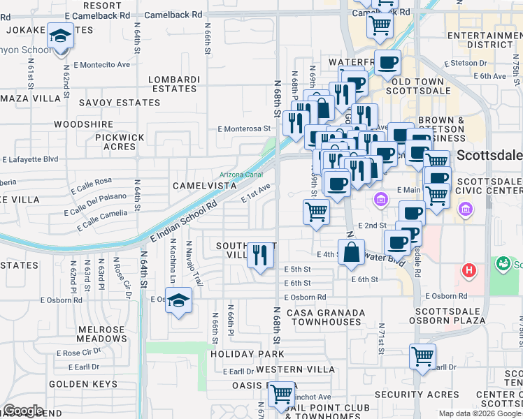 map of restaurants, bars, coffee shops, grocery stores, and more near 3810 North Pueblo Way in Scottsdale