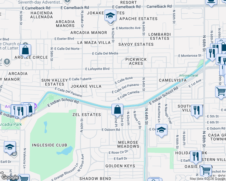 map of restaurants, bars, coffee shops, grocery stores, and more near 6114 East Calle Del Paisano in Scottsdale