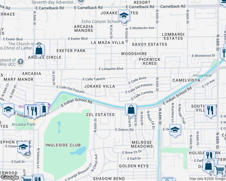 map of restaurants, bars, coffee shops, grocery stores, and more near 6038 East Calle Del Paisano in Scottsdale