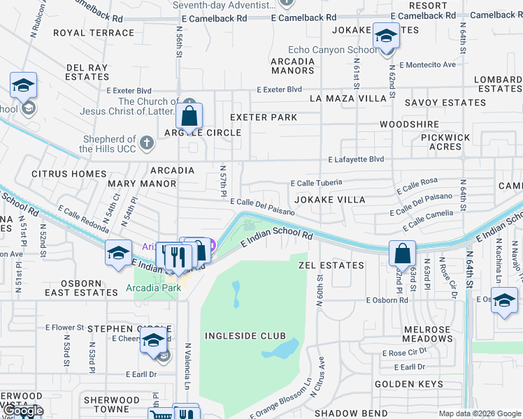 map of restaurants, bars, coffee shops, grocery stores, and more near 5833 East Calle Del Paisano in Phoenix