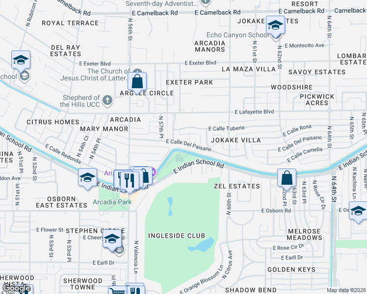 map of restaurants, bars, coffee shops, grocery stores, and more near 5833 East Calle Del Paisano in Phoenix