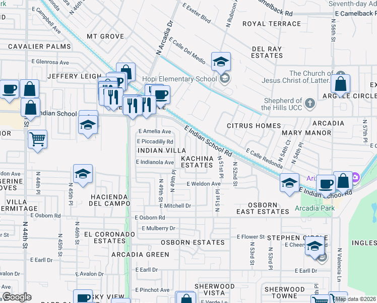 map of restaurants, bars, coffee shops, grocery stores, and more near 3836 North 50th Street in Phoenix