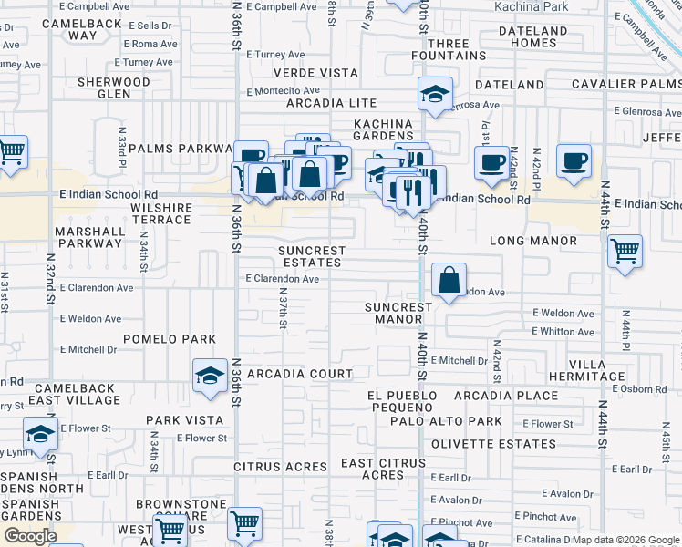 map of restaurants, bars, coffee shops, grocery stores, and more near 3816 East Clarendon Avenue in Phoenix