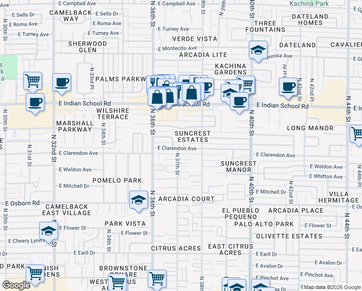 map of restaurants, bars, coffee shops, grocery stores, and more near 3710 East Clarendon Avenue in Phoenix