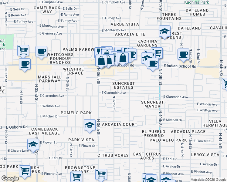 map of restaurants, bars, coffee shops, grocery stores, and more near 3710 East Clarendon Avenue in Phoenix