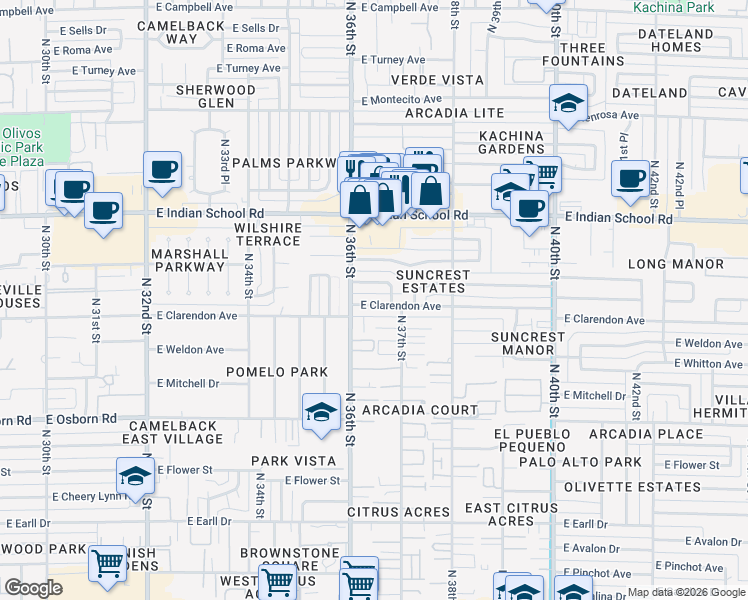 map of restaurants, bars, coffee shops, grocery stores, and more near 3610 East Clarendon Avenue in Phoenix