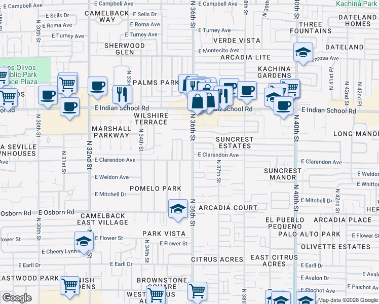 map of restaurants, bars, coffee shops, grocery stores, and more near 3809 North 35th Place in Phoenix