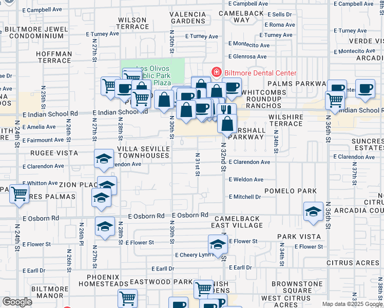 map of restaurants, bars, coffee shops, grocery stores, and more near 3807 North 30th Street in Phoenix