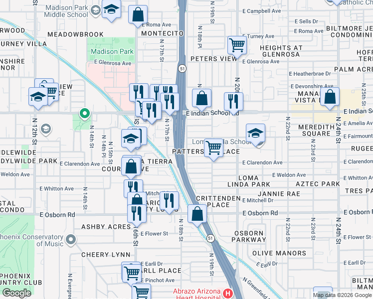 map of restaurants, bars, coffee shops, grocery stores, and more near 1707 East Indianola Avenue in Phoenix