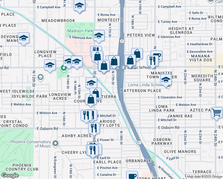 map of restaurants, bars, coffee shops, grocery stores, and more near 1695 East Indianola Avenue in Phoenix
