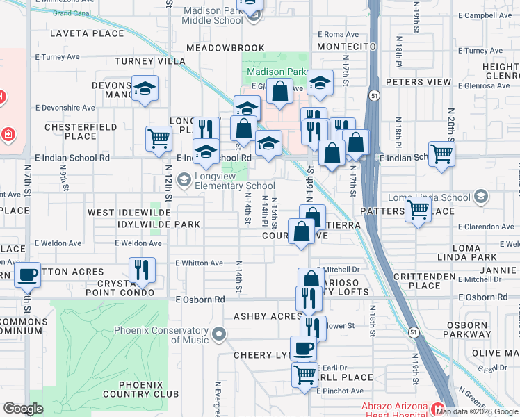 map of restaurants, bars, coffee shops, grocery stores, and more near 3823 North 14th Place in Phoenix