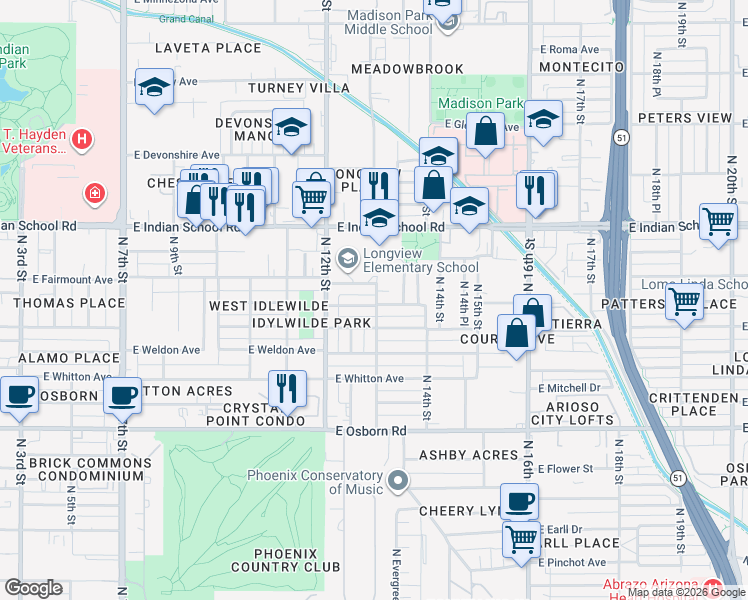 map of restaurants, bars, coffee shops, grocery stores, and more near 1240 East Indianola Avenue in Phoenix
