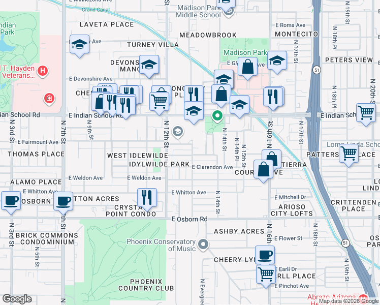 map of restaurants, bars, coffee shops, grocery stores, and more near 1240 East Indianola Avenue in Phoenix
