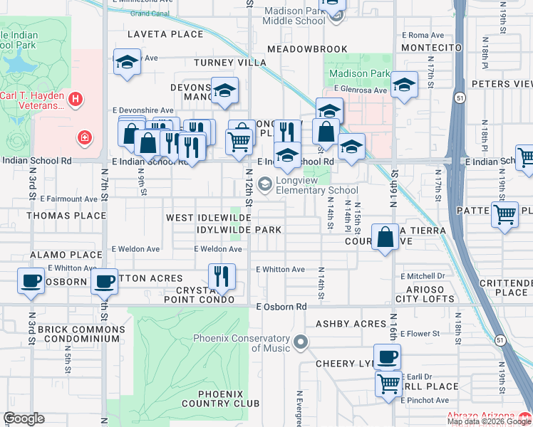map of restaurants, bars, coffee shops, grocery stores, and more near in Phoenix