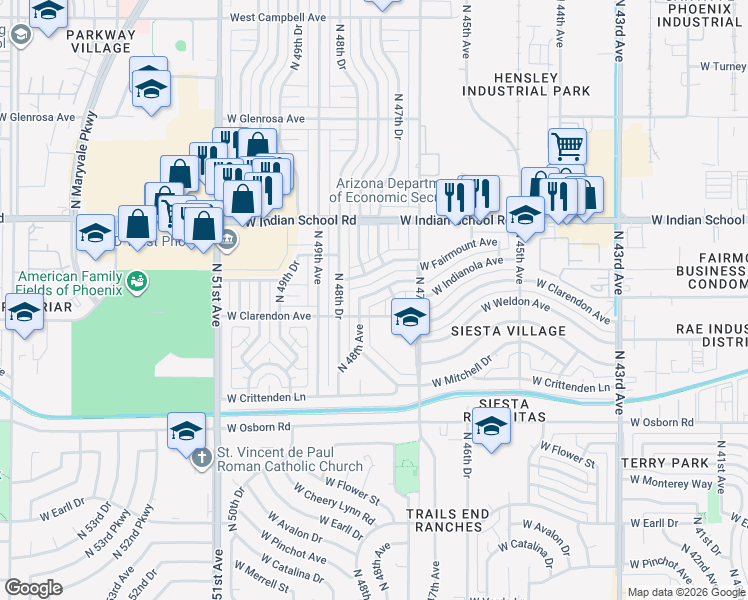 map of restaurants, bars, coffee shops, grocery stores, and more near 4751 West Indianola Avenue in Phoenix