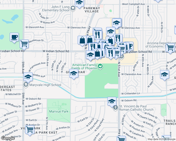 map of restaurants, bars, coffee shops, grocery stores, and more near 3810 North Maryvale Parkway in Phoenix