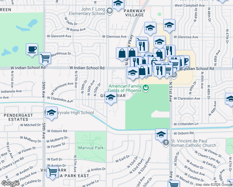 map of restaurants, bars, coffee shops, grocery stores, and more near 3810 North Maryvale Parkway in Phoenix