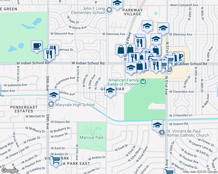 map of restaurants, bars, coffee shops, grocery stores, and more near 3810 North Maryvale Parkway in Phoenix