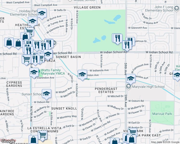 map of restaurants, bars, coffee shops, grocery stores, and more near 6135 West Indianola Avenue in Phoenix