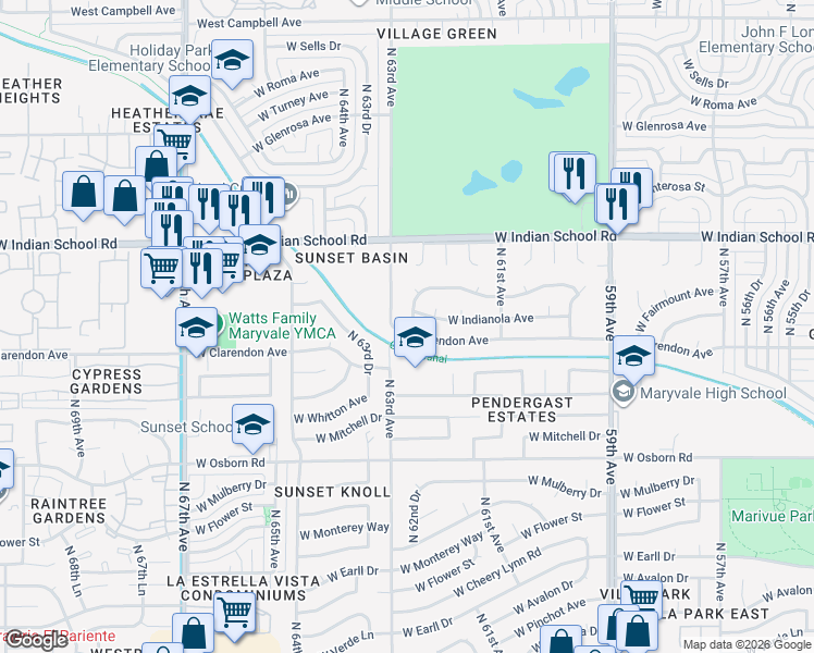 map of restaurants, bars, coffee shops, grocery stores, and more near 6230 West Clarendon Avenue in Phoenix
