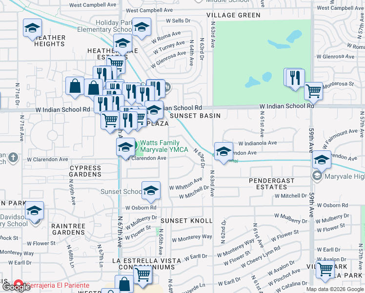 map of restaurants, bars, coffee shops, grocery stores, and more near 6443 West Fairmount Avenue in Phoenix