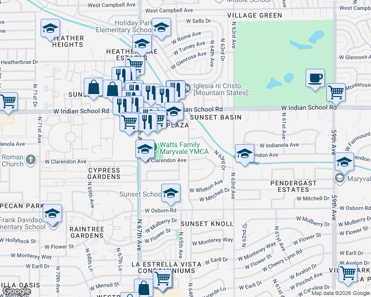 map of restaurants, bars, coffee shops, grocery stores, and more near 6510 West Clarendon Avenue in Phoenix