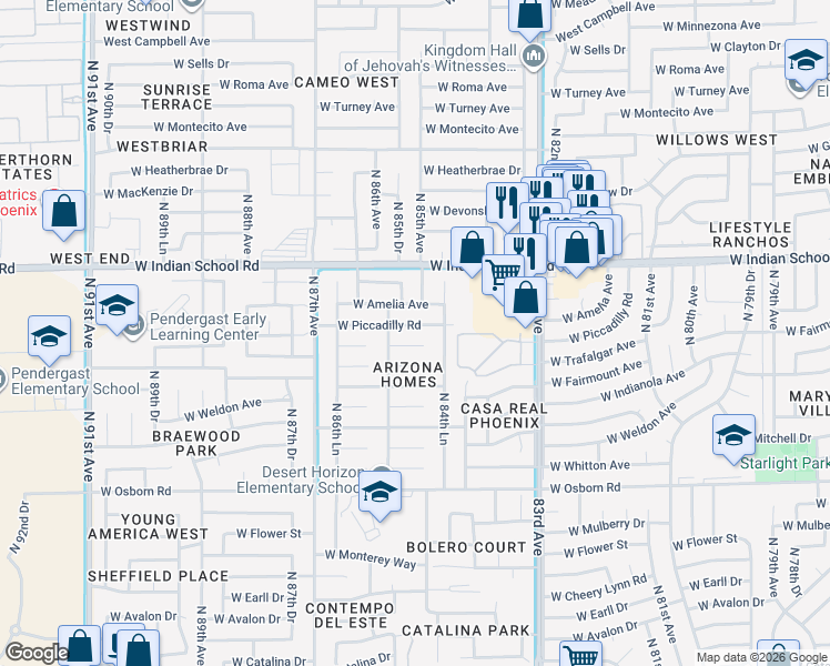 map of restaurants, bars, coffee shops, grocery stores, and more near 8441 West Piccadilly Road in Phoenix