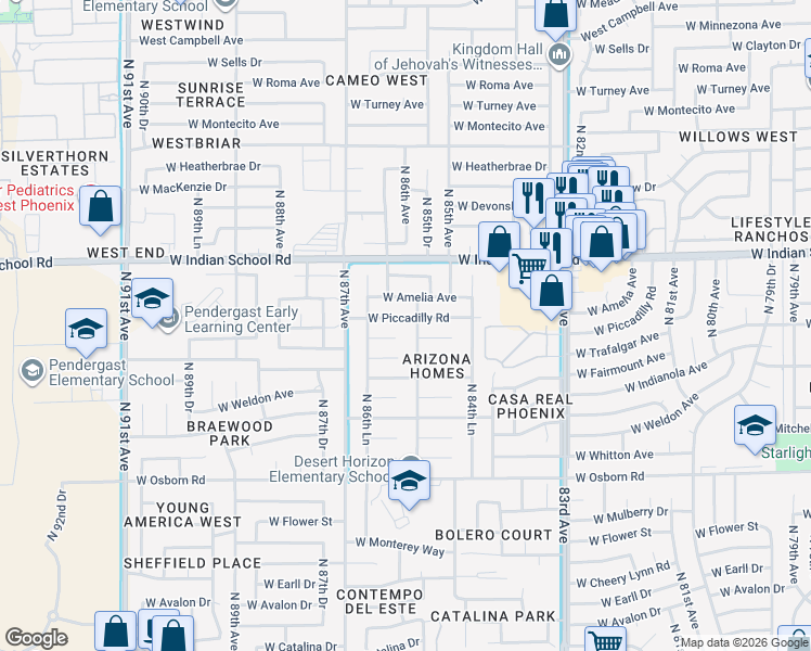 map of restaurants, bars, coffee shops, grocery stores, and more near 8527 West Piccadilly Road in Phoenix