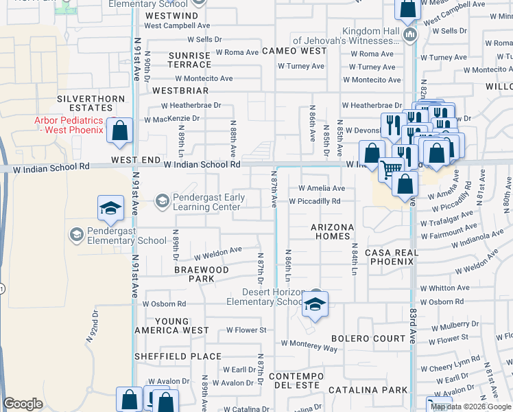 map of restaurants, bars, coffee shops, grocery stores, and more near 8735 West Fairmount Avenue in Phoenix