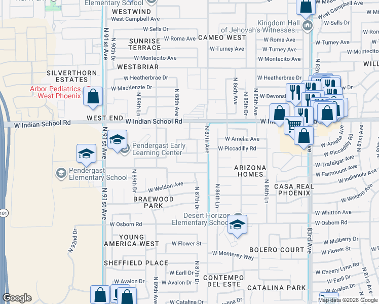 map of restaurants, bars, coffee shops, grocery stores, and more near 8735 West Fairmount Avenue in Phoenix