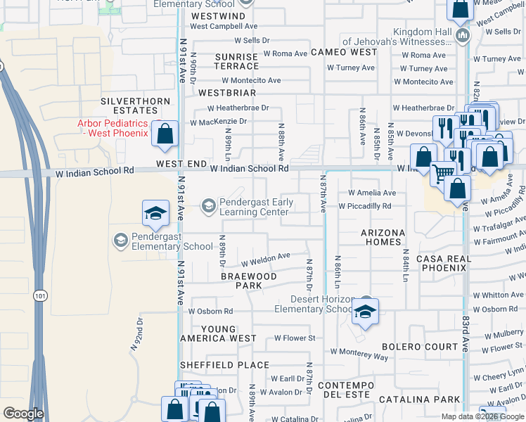 map of restaurants, bars, coffee shops, grocery stores, and more near 3843 North 88th Lane in Phoenix