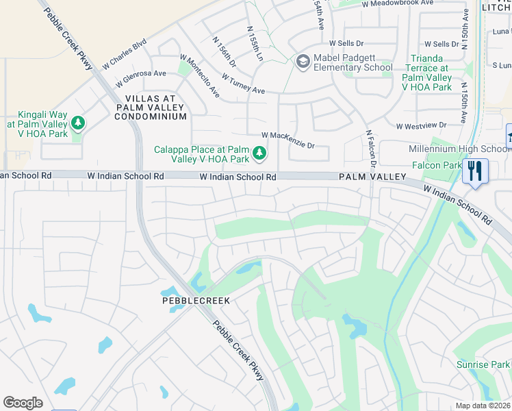 map of restaurants, bars, coffee shops, grocery stores, and more near 15534 Piccadilly Road in Goodyear