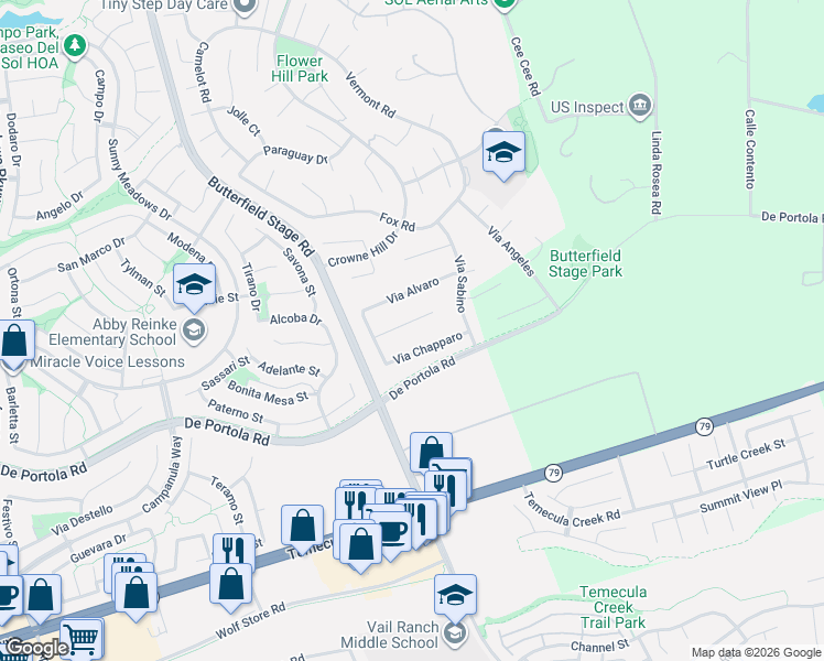 map of restaurants, bars, coffee shops, grocery stores, and more near 33215 Corte Yaca in Temecula