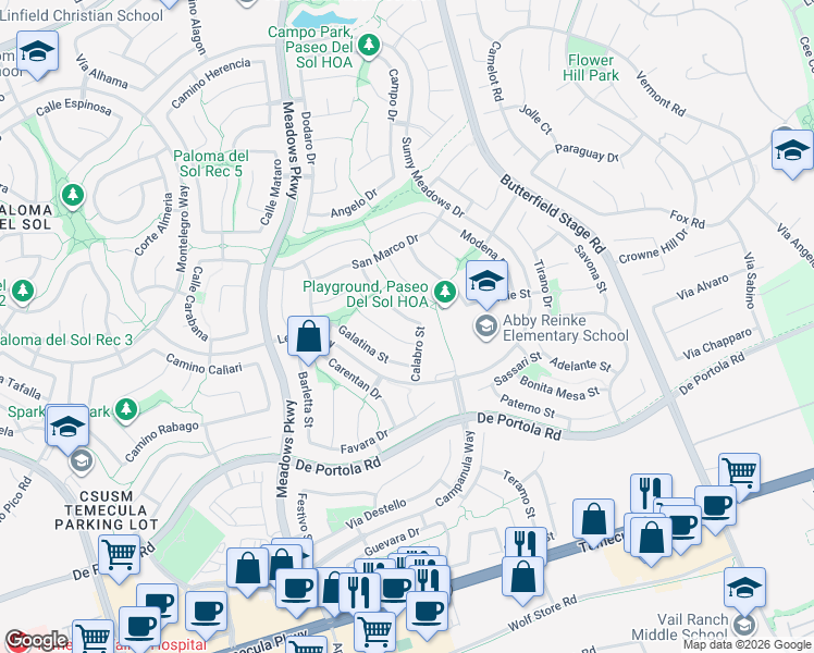 map of restaurants, bars, coffee shops, grocery stores, and more near 43764 Calabro Street in Temecula