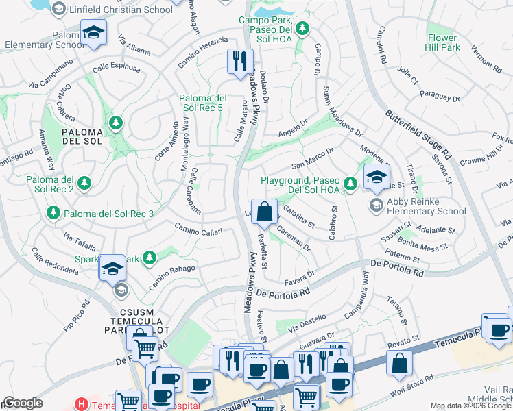 map of restaurants, bars, coffee shops, grocery stores, and more near 32391 Galatina Street in Temecula