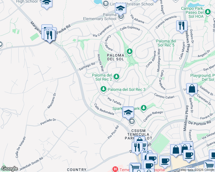 map of restaurants, bars, coffee shops, grocery stores, and more near 1134 Amarita Way in Temecula