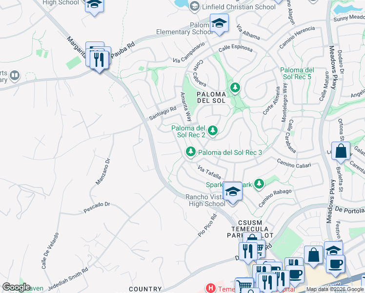 map of restaurants, bars, coffee shops, grocery stores, and more near 43485 Corte Barbaste in Temecula