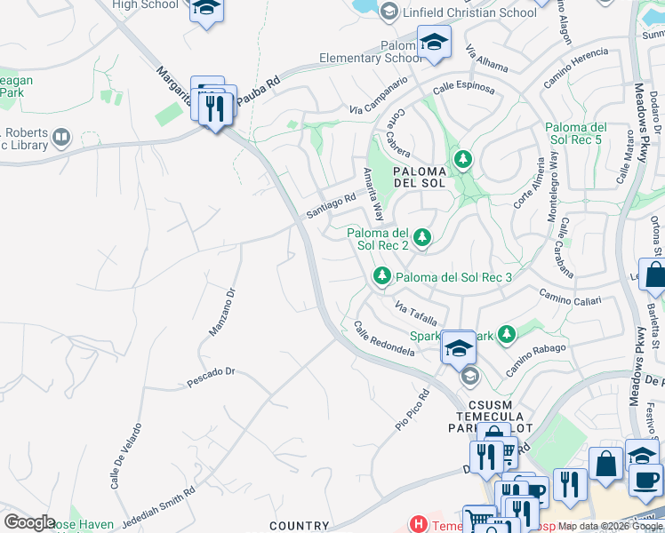 map of restaurants, bars, coffee shops, grocery stores, and more near 31735 Corte Cardenas in Temecula