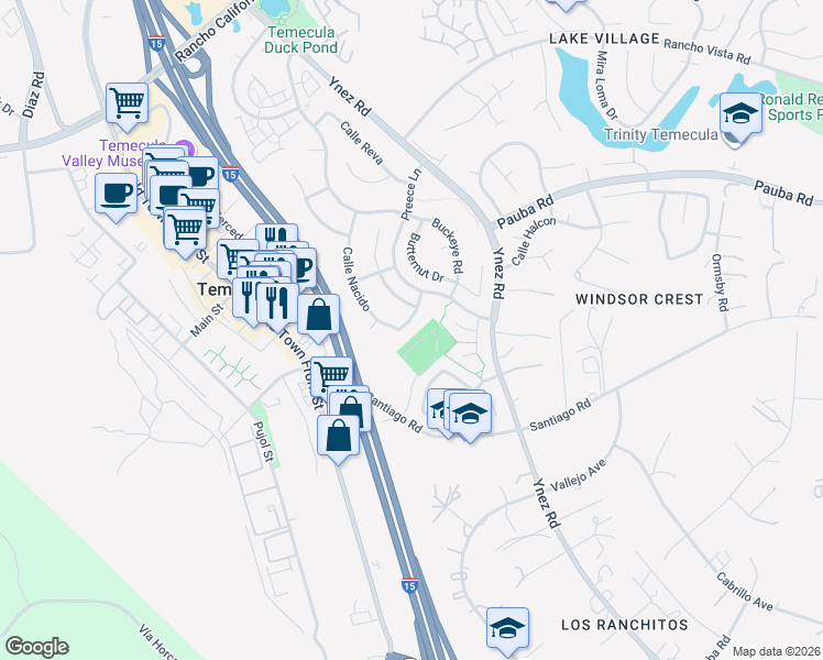 map of restaurants, bars, coffee shops, grocery stores, and more near 43553 Calle Nacido in Temecula