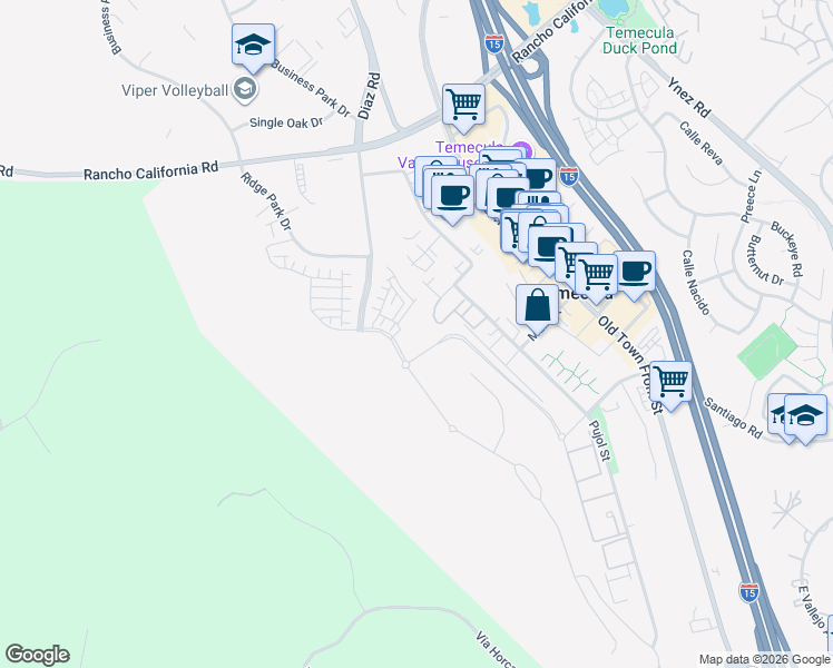 map of restaurants, bars, coffee shops, grocery stores, and more near 28450 6th Street in Temecula