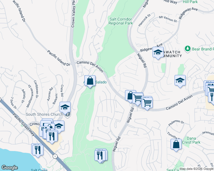 map of restaurants, bars, coffee shops, grocery stores, and more near 9 San Raphael in Dana Point