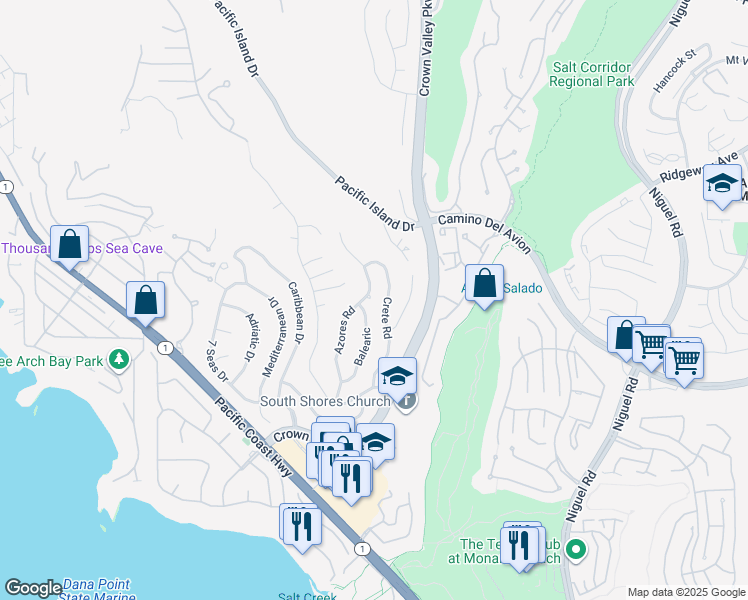 map of restaurants, bars, coffee shops, grocery stores, and more near 32512 Azores Road in Dana Point
