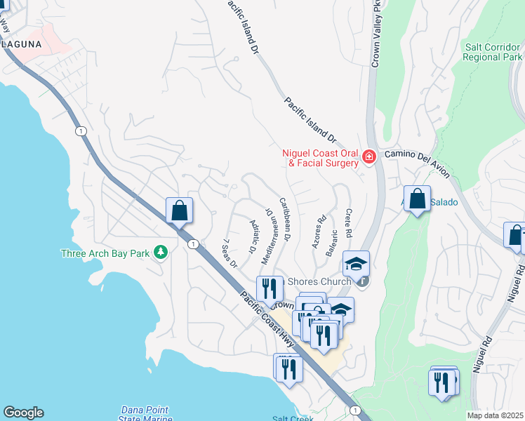 map of restaurants, bars, coffee shops, grocery stores, and more near 32451 Mediterranean Drive in Dana Point