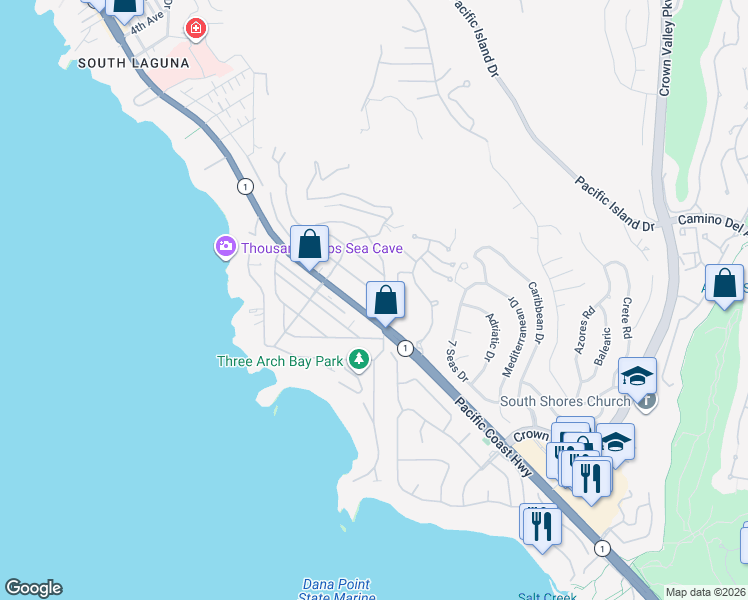 map of restaurants, bars, coffee shops, grocery stores, and more near 32392 Coast Highway in Laguna Beach