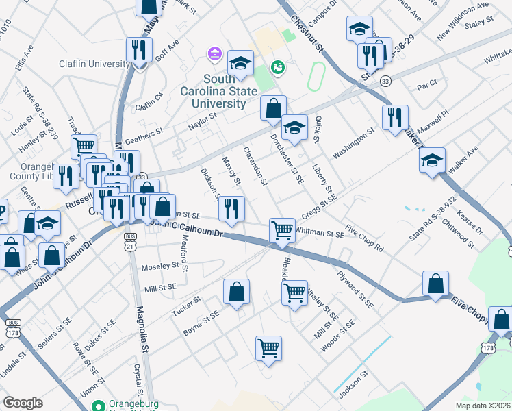 map of restaurants, bars, coffee shops, grocery stores, and more near 323 Maxcy Street in Orangeburg
